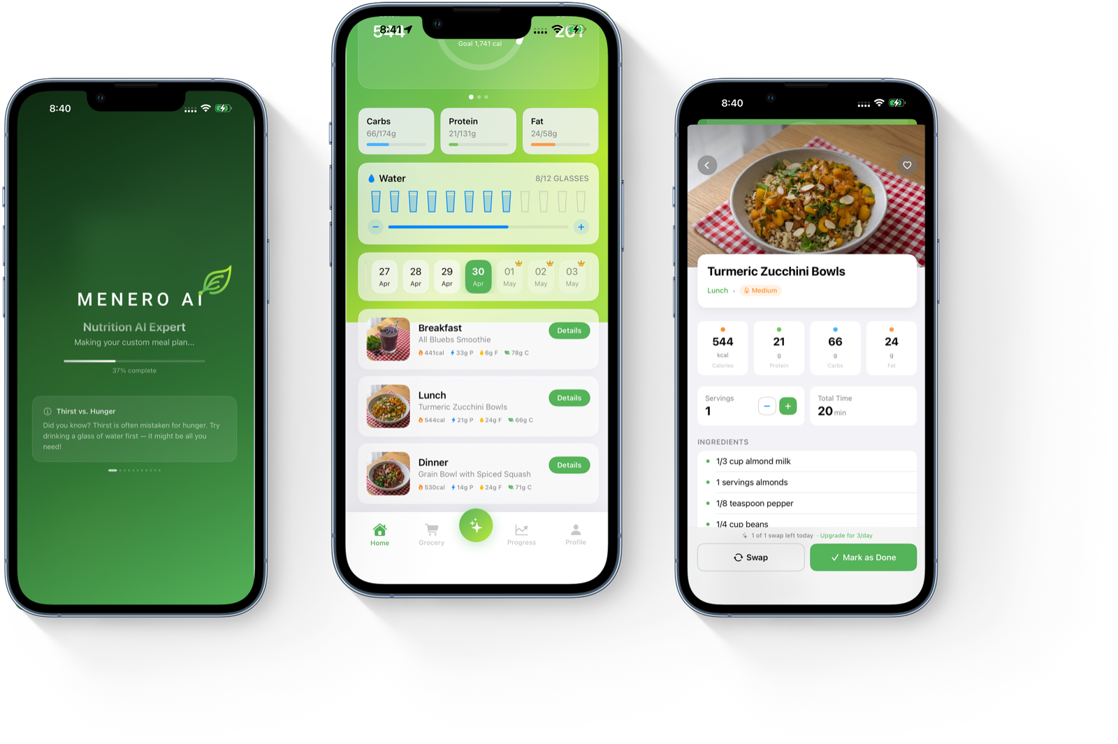 Menero AI on three iPhones: building a personalized meal plan, the daily plan with macro rings and water tracking, and a recipe with full nutrition, servings and one-tap swap